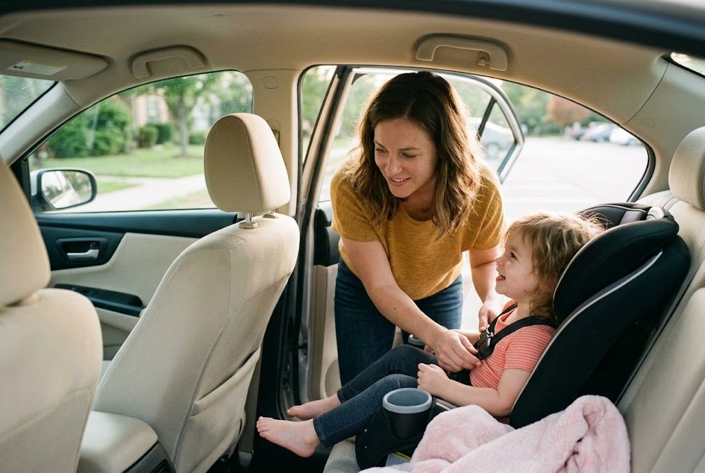 A mom buckling her toddler into a car seat
