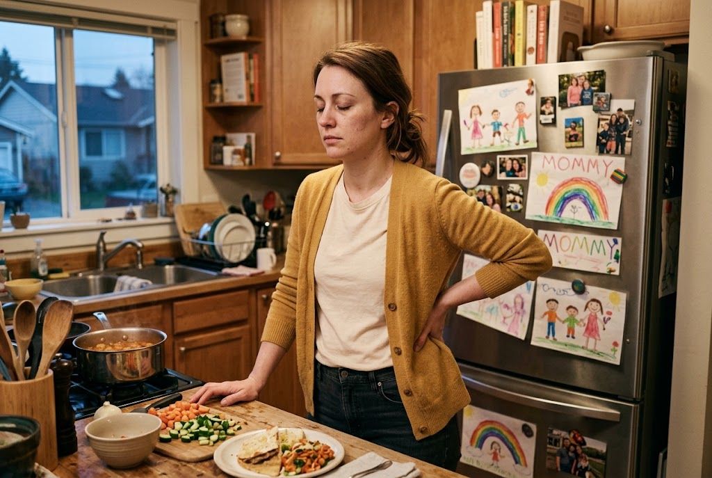 A woman in her kitchen at the end of a long day