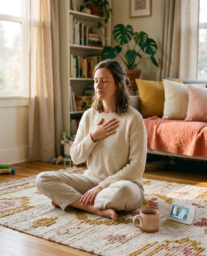 A woman sitting on the floor of a sunlit room, hand on her chest