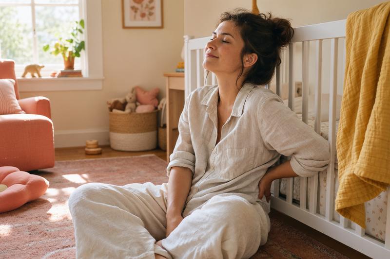 A woman sitting on her bedroom floor against the crib, eyes closed, in morning light