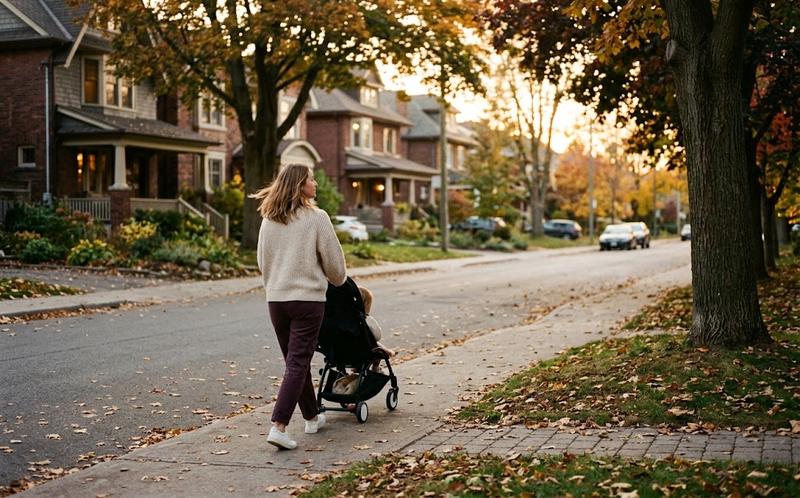 A woman pushing a stroller down a tree-lined street in the late afternoon