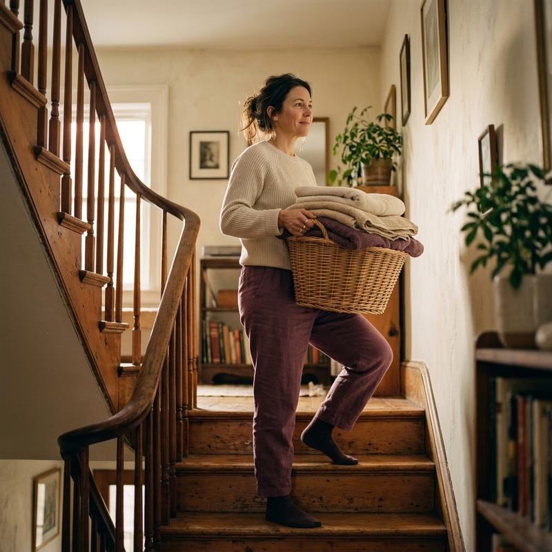 A woman carrying a laundry basket up the stairs