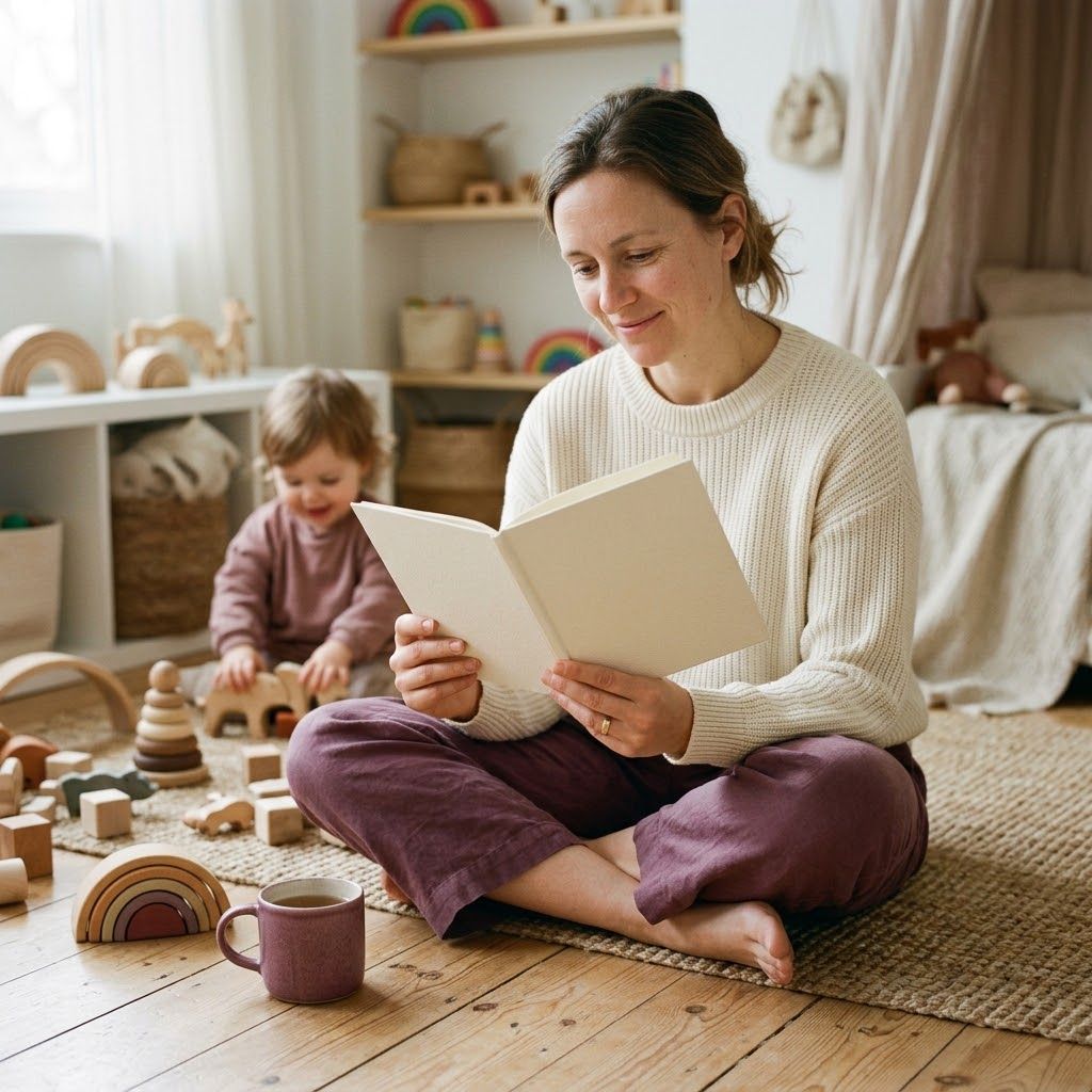 A woman sitting on a playroom floor, reading a small guide, her toddler playing behind her