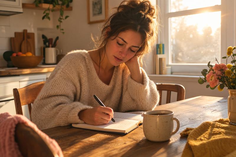 A woman writing in a notebook at her kitchen table