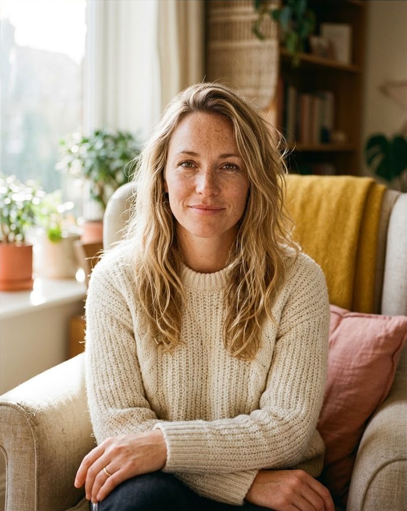 A woman sitting on a sofa by the window, looking at the camera