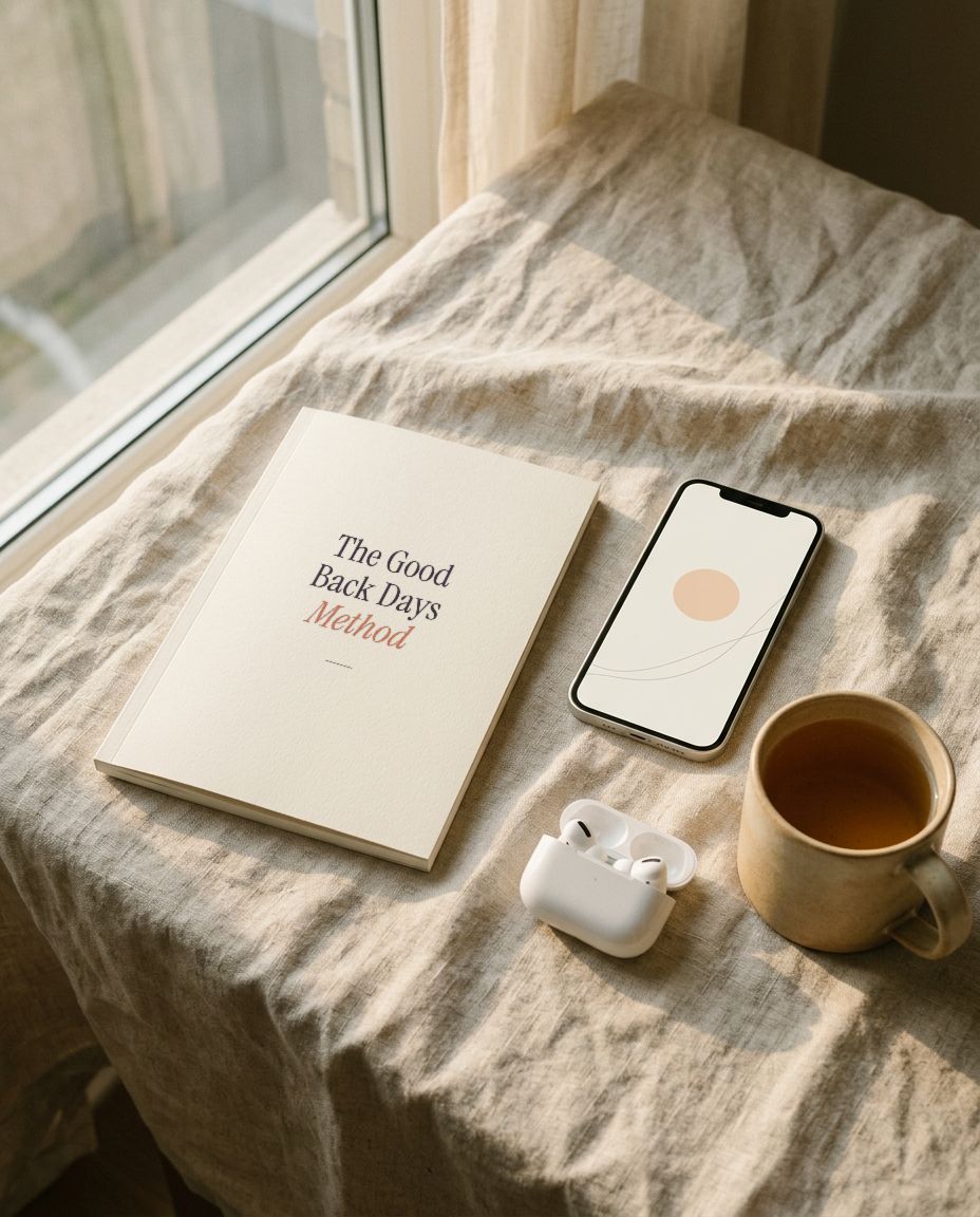 The Good Back Days Program on a linen bed: the printed guide, a phone with the practice app, earbuds and a coffee