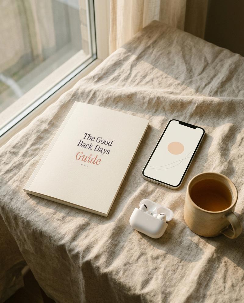 The Good Back Days Guide on a linen bed, with a phone playing the bedtime audio, earbuds and a coffee