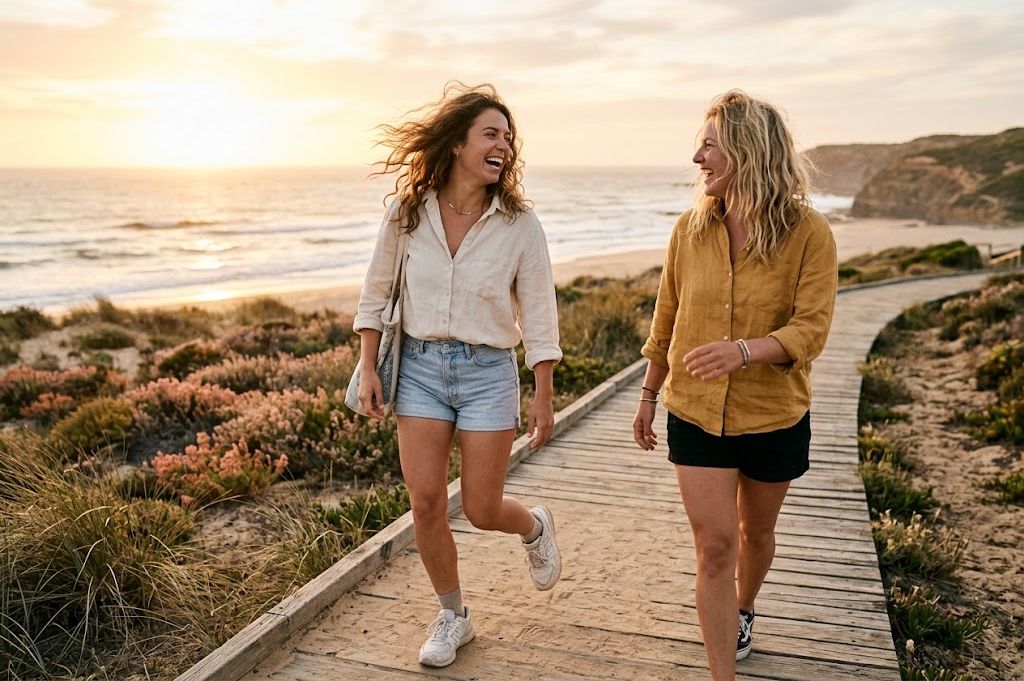 Two women walking on a coastal path at sunset